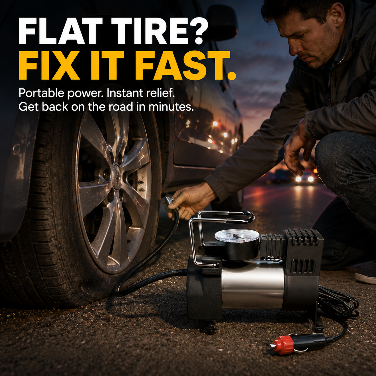 🚗50% OFF NOW! Heavy‑Duty Single‑Cylinder Car Air Compressor‑12V Portable Tire Inflator with Pressure Gauge, Fast Inflation Air Pump for Cars, Trucks & SUVs Emergency Use
