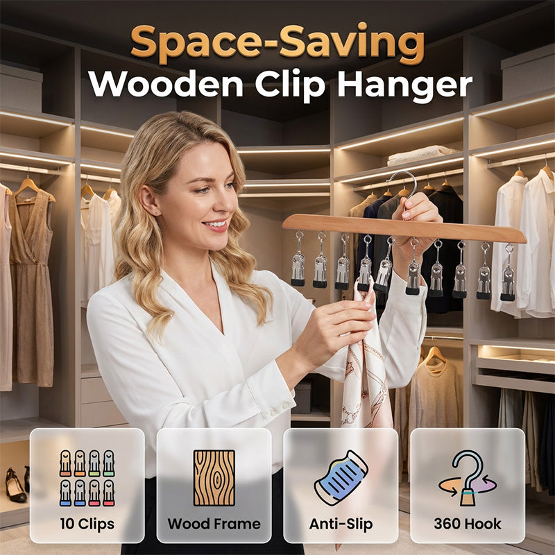 Hang 10 Items Instantly! No-Slip Wooden Multi-Clip Organizer