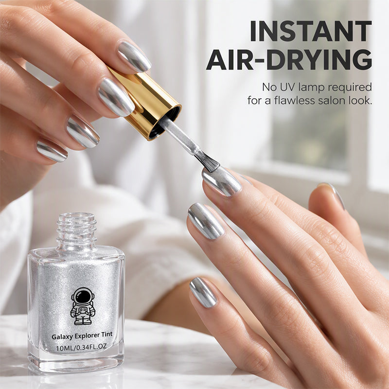 💅 LIMITED-TIME 50% OFF 🔥 No-Bake Nail Polish — Galaxy Chrome Silver, Quick Air-Dry, No UV Lamp