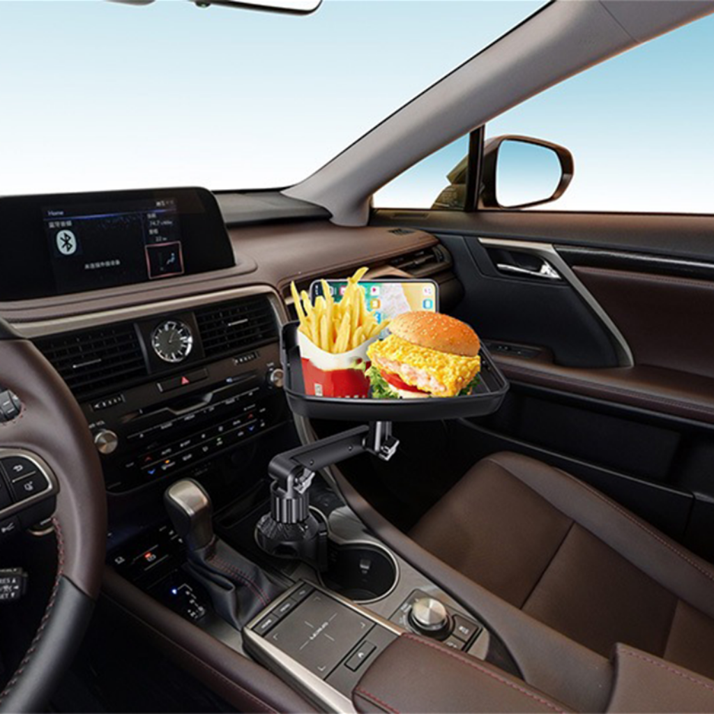 🚗 50% OFF NOW! 🍔 Car Cup Holder Tray – 360° Swivel, Extendable Surface & Phone Slot – Tool-Free Install 💪