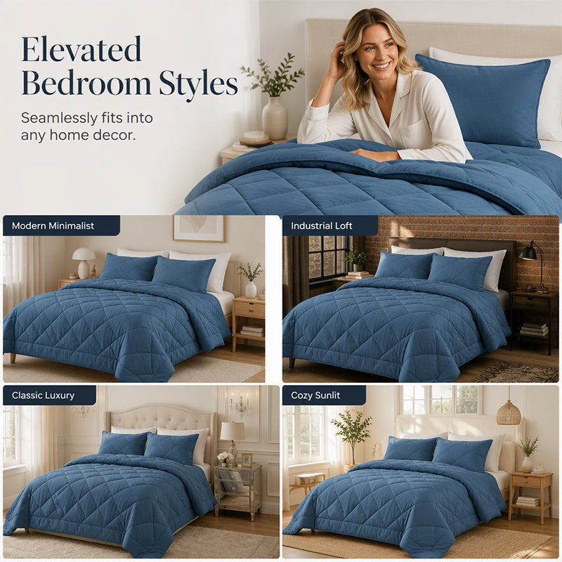 📢📢50% OFF !! ⏰ 3-Piece Quilted Comforter Set with Shams – All-Season Microfiber