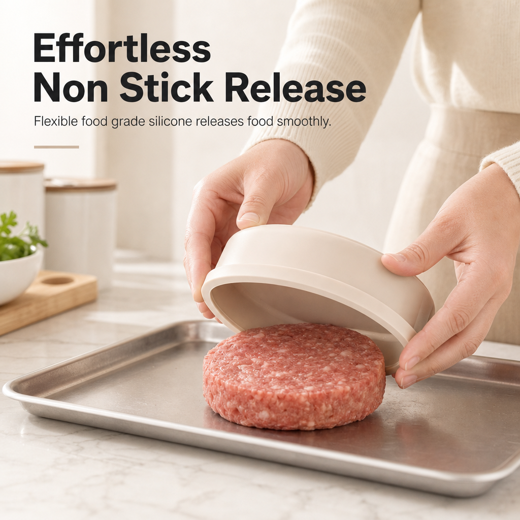 Press Perfect Patties Instantly! Non-Stick Silicone Meat Container