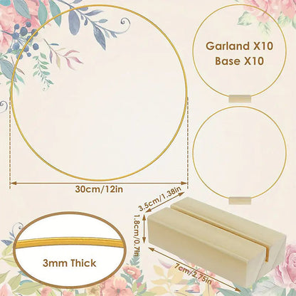 🌸 50% OFF! ✨ Gold-Tone Decorative Hoop with Wooden Stand – Customizable Table Centerpiece with LED String, Reusable Design for Flowers, Ribbon & Greenery – Elegant Iron & Pine Wood Craft for Events & Everyday Decor 🎀