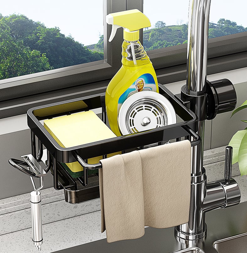 🧽🚰Faucet‑Mounted Sink‑Sponge‑Holder | Tool‑Free Install, Removable‑Drip‑Tray & Side‑Hook🏠