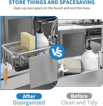🧽🚰Faucet‑Mounted Sink‑Sponge‑Holder | Tool‑Free Install, Removable‑Drip‑Tray & Side‑Hook🏠