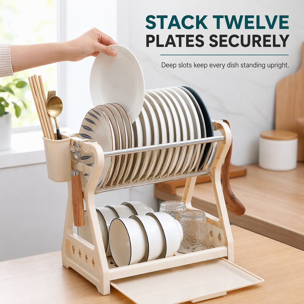 🍽️ LIMITED‑TIME 50% OFF! 🥣 2‑Tier Compact Dish Drying Rack – Double Counter Space, Pull‑Out Drip Tray, 12+ Plate Slots 🧽