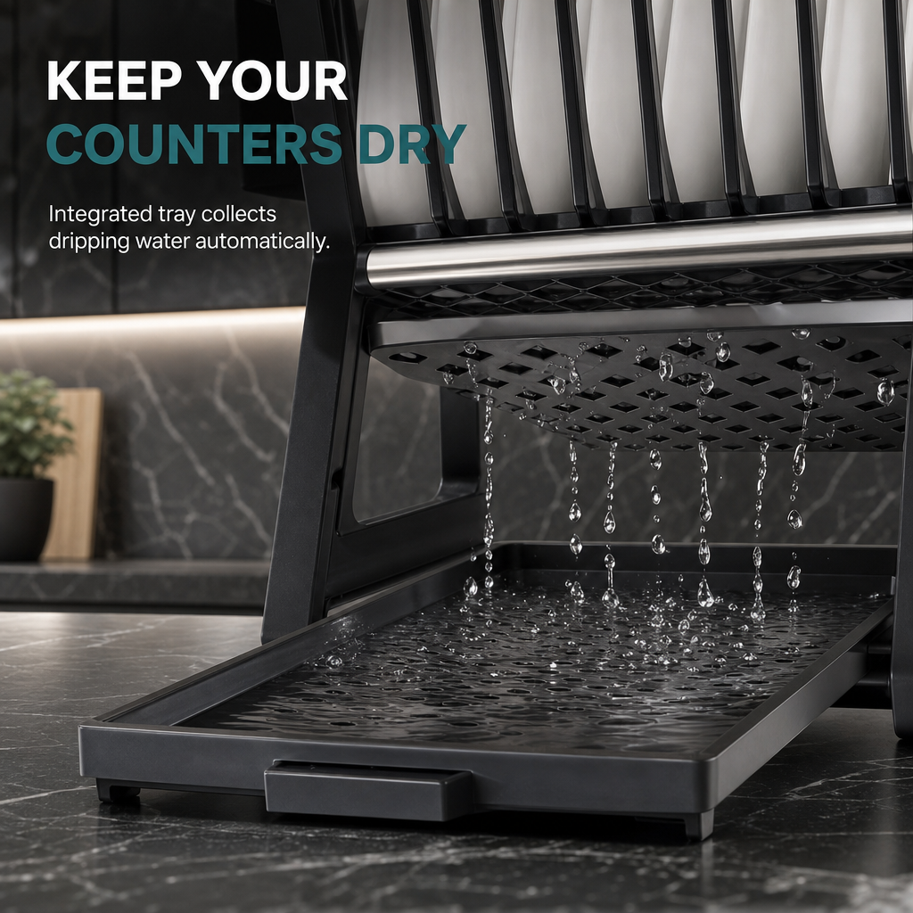 🍽️ LIMITED‑TIME 50% OFF! 🥣 2‑Tier Compact Dish Drying Rack – Double Counter Space, Pull‑Out Drip Tray, 12+ Plate Slots 🧽