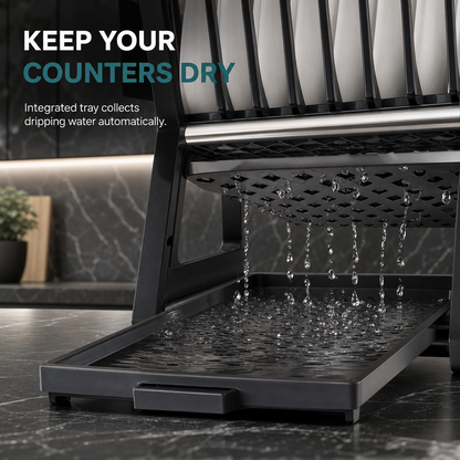 🍽️ LIMITED‑TIME 50% OFF! 🥣 2‑Tier Compact Dish Drying Rack – Double Counter Space, Pull‑Out Drip Tray, 12+ Plate Slots 🧽