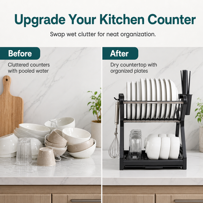 🍽️ LIMITED‑TIME 50% OFF! 🥣 2‑Tier Compact Dish Drying Rack – Double Counter Space, Pull‑Out Drip Tray, 12+ Plate Slots 🧽