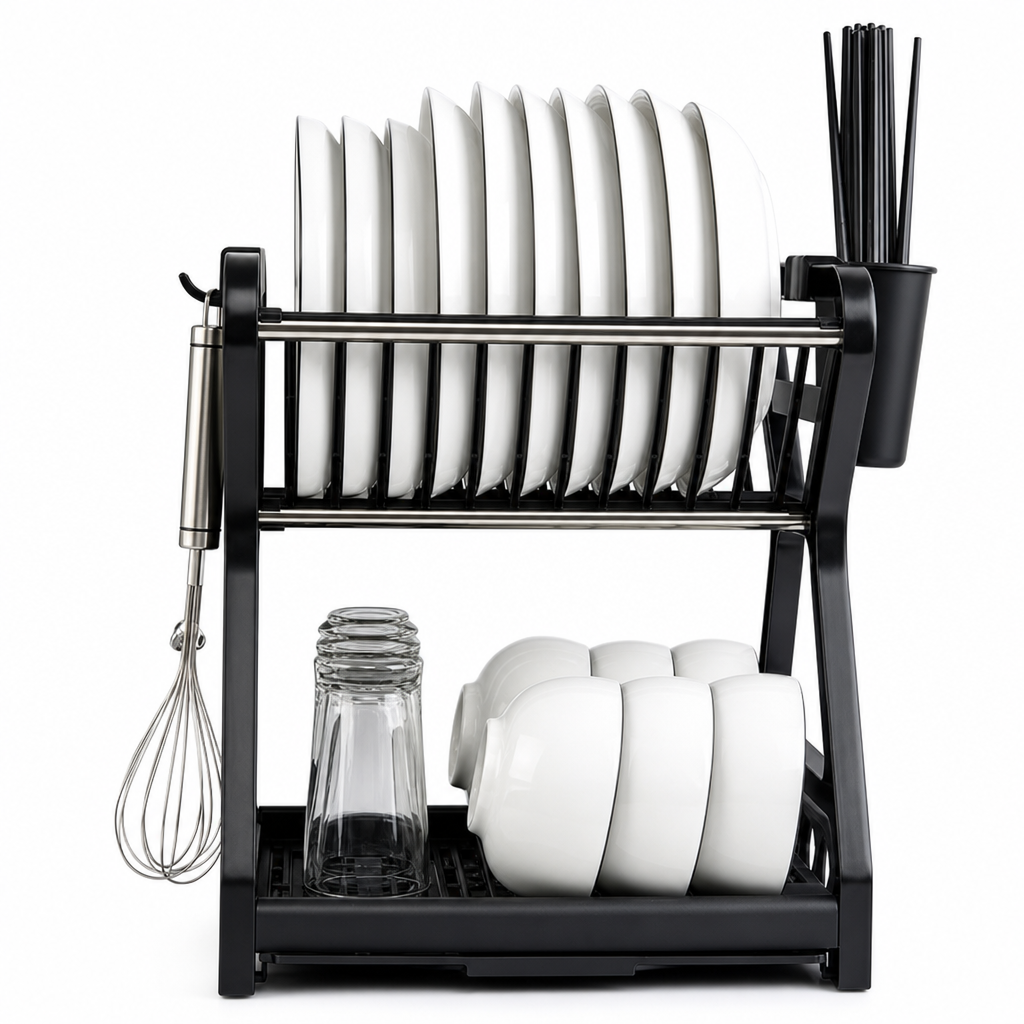 🍽️ LIMITED‑TIME 50% OFF! 🥣 2‑Tier Compact Dish Drying Rack – Double Counter Space, Pull‑Out Drip Tray, 12+ Plate Slots 🧽