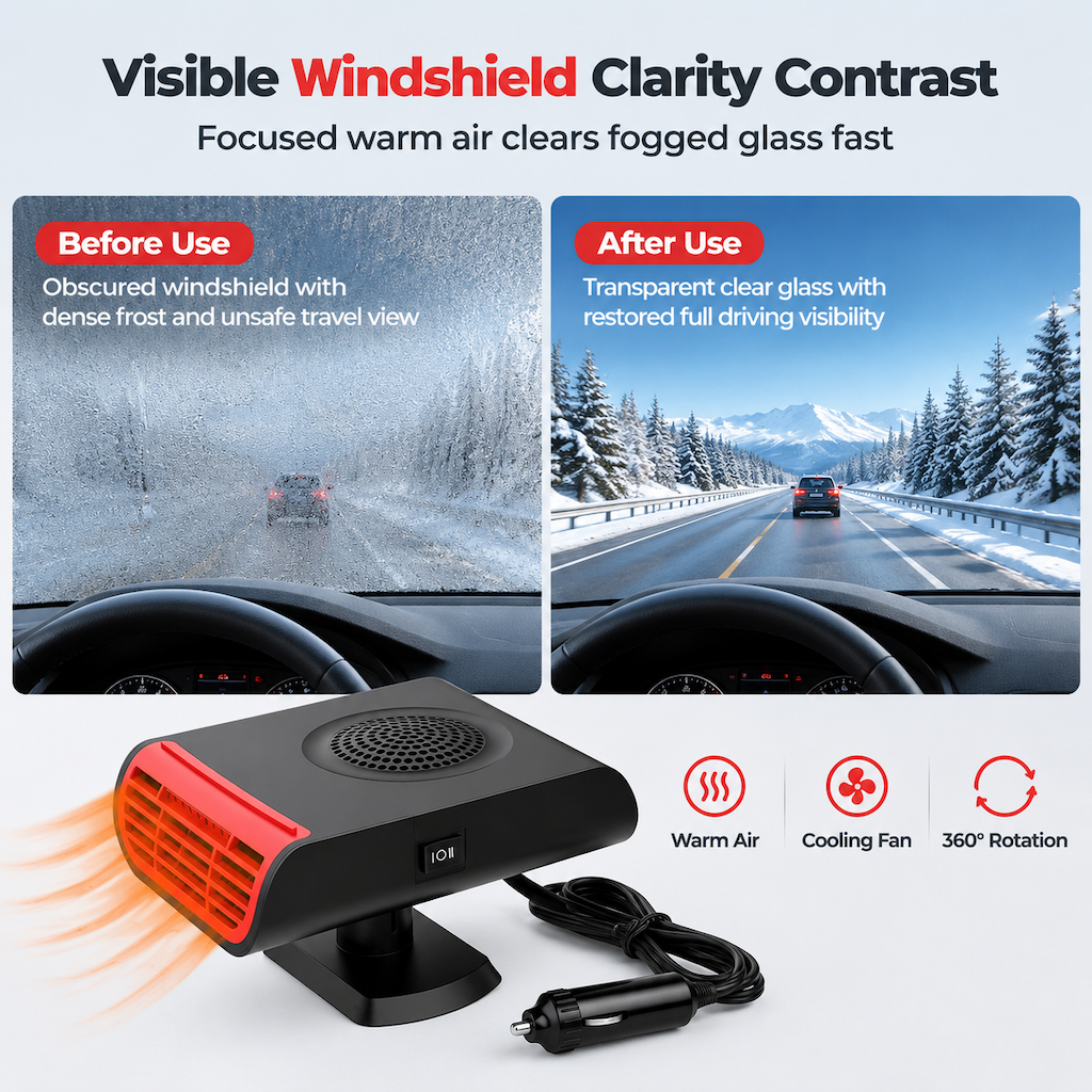 ❄️50% OFF NOW! 12V/24V Car Windshield Defroster Defogger Fan – Portable Auto Heater with 360° Rotating Base, Fast Window Ice & Fog Removal for Vehicle