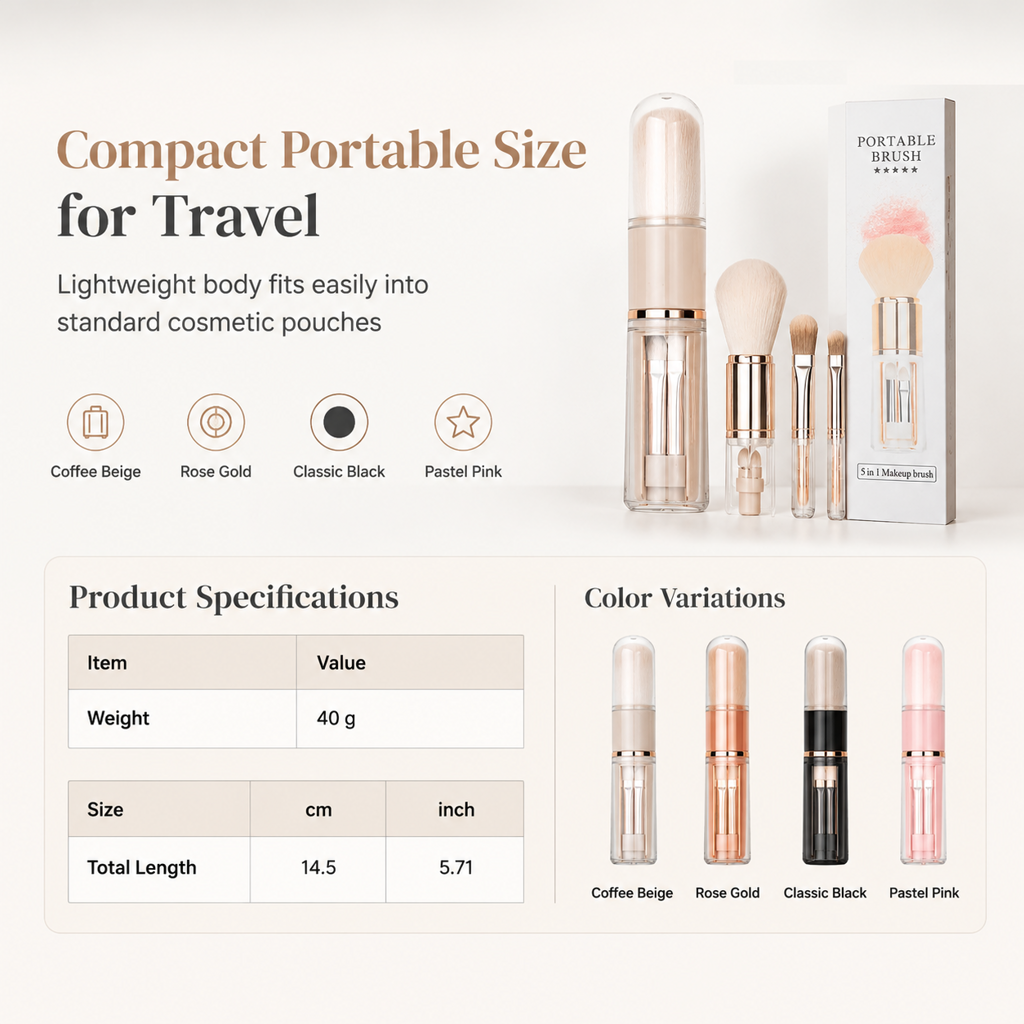 💄 50% Off Now ✨ Portable Retractable Makeup Brush Set — 5-in-1 Travel Capsule 🧳