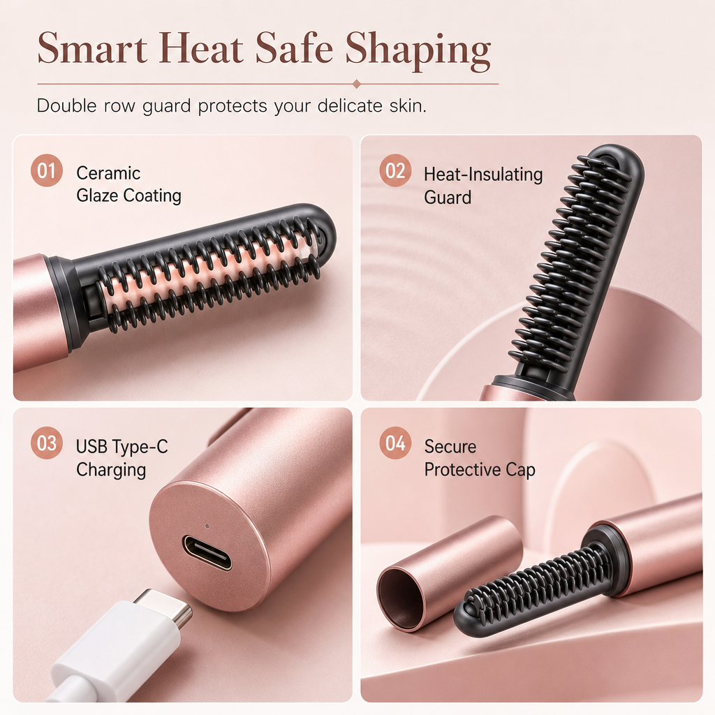 Cordless Mini Heated Hair Straightener Brush Portable Rechargeable Hair Styling Comb for Bangs and Volumizing